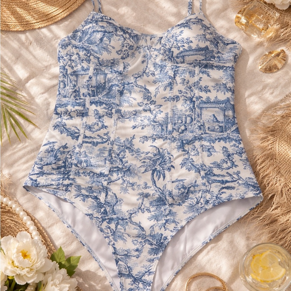 Chinoiserie Print Bustier One-Piece Swimsuit